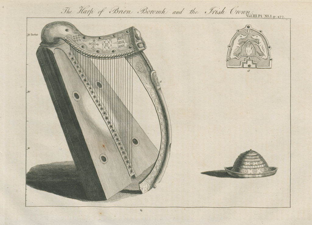Trinity College harp. Brien Boromh Brian Boru. The Irish Crown 1789 old print